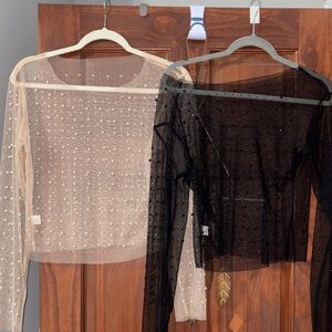 Elegant Sheer Pearl Embellished Blouses - Black and Cream